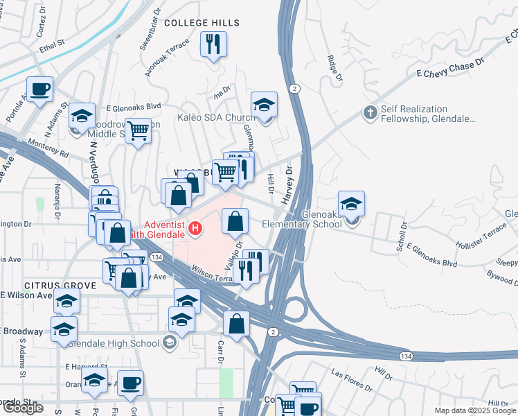 map of restaurants, bars, coffee shops, grocery stores, and more near 1809 Orchard Avenue in Glendale