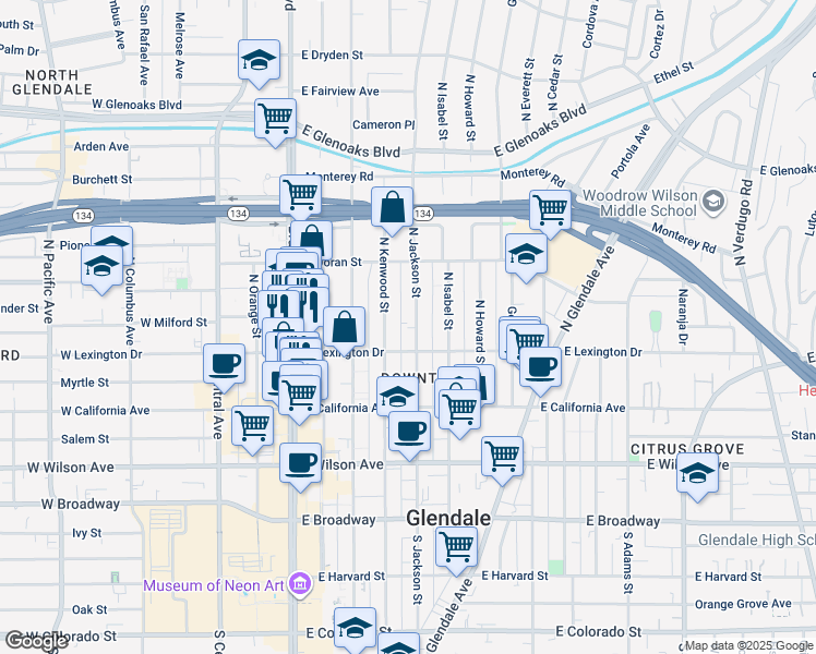 map of restaurants, bars, coffee shops, grocery stores, and more near 400 North Kenwood Street in Glendale