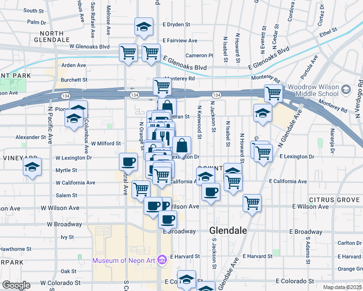 map of restaurants, bars, coffee shops, grocery stores, and more near in Glendale
