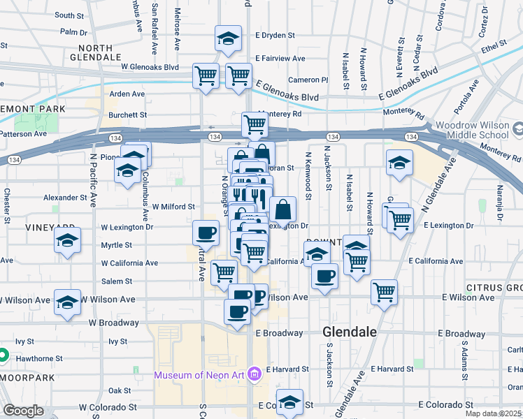 map of restaurants, bars, coffee shops, grocery stores, and more near 166e East Milford Street in Glendale