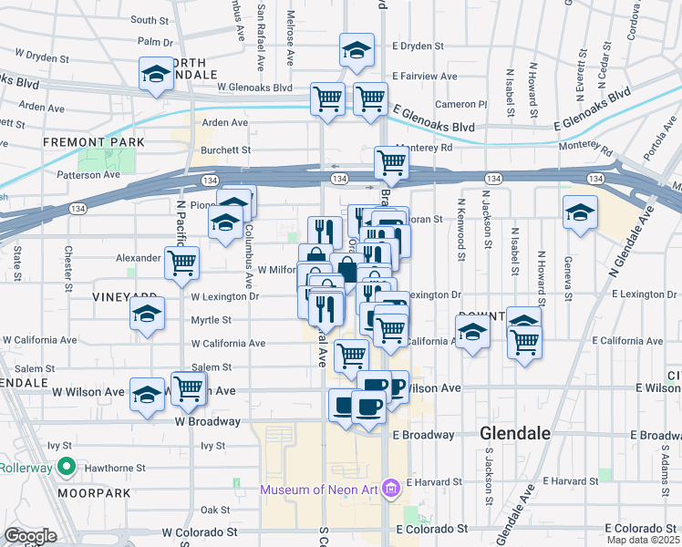 map of restaurants, bars, coffee shops, grocery stores, and more near 201 West Lexington Drive in Glendale