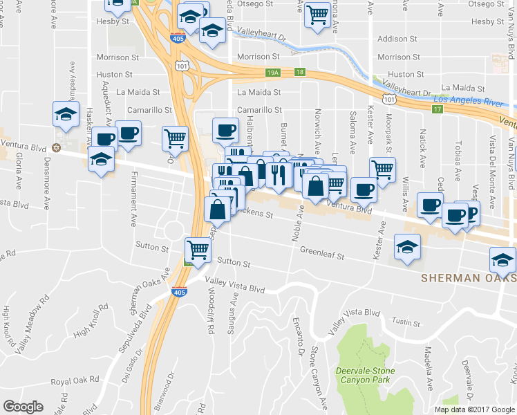 map of restaurants, bars, coffee shops, grocery stores, and more near 15204 Dickens Street in Los Angeles