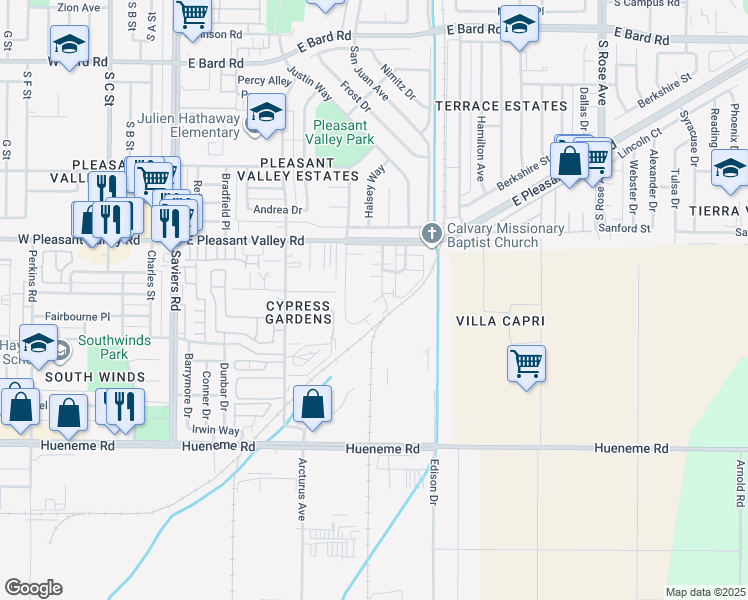 map of restaurants, bars, coffee shops, grocery stores, and more near 5269 Squires Drive in Oxnard