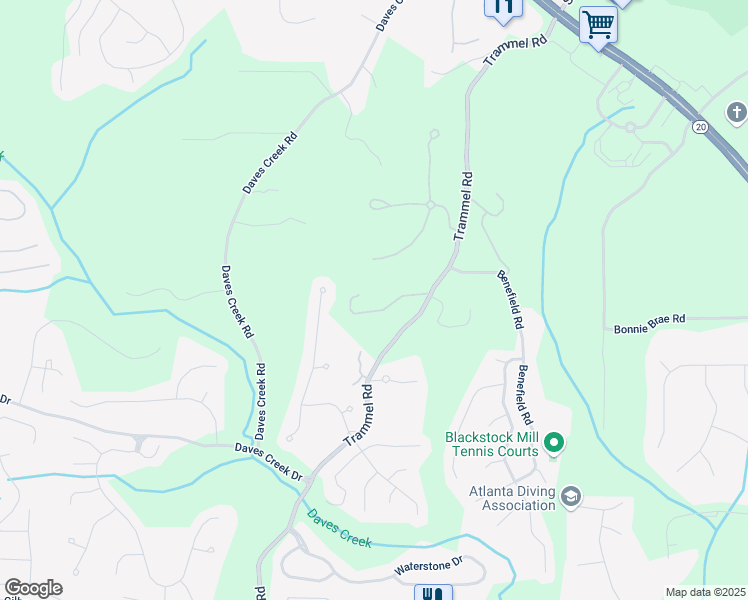 map of restaurants, bars, coffee shops, grocery stores, and more near 2216 Trammel Road in Cumming