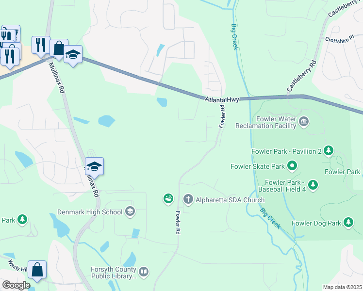 map of restaurants, bars, coffee shops, grocery stores, and more near 355 Fowler Springs Court in Alpharetta