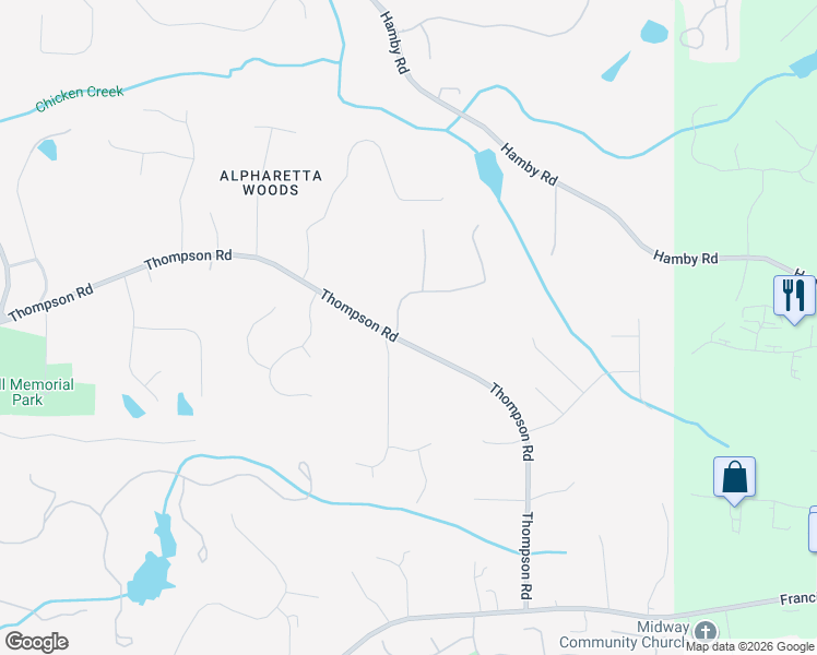 map of restaurants, bars, coffee shops, grocery stores, and more near 15795 South Thompson Road in Alpharetta