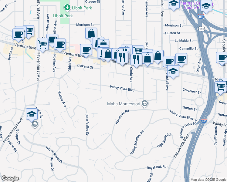 map of restaurants, bars, coffee shops, grocery stores, and more near 16004 Valley Vista Boulevard in Los Angeles