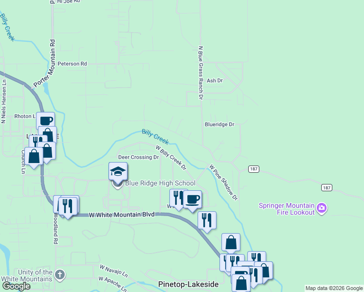 map of restaurants, bars, coffee shops, grocery stores, and more near 539 West Pine Shadow Drive in Pinetop-Lakeside