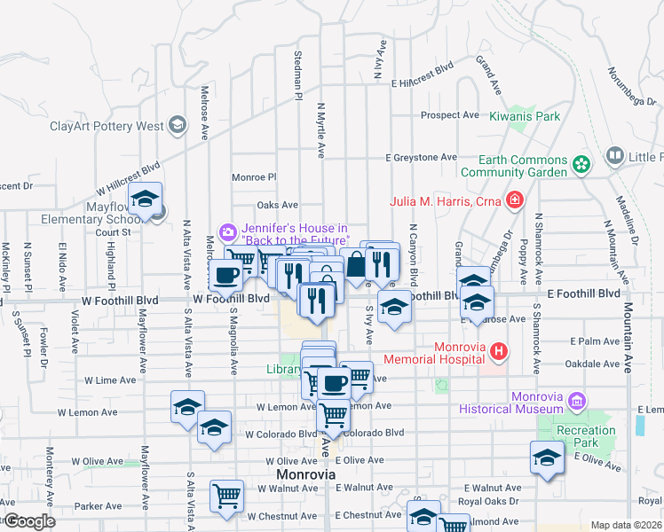 map of restaurants, bars, coffee shops, grocery stores, and more near 115 East Foothill Boulevard in Monrovia