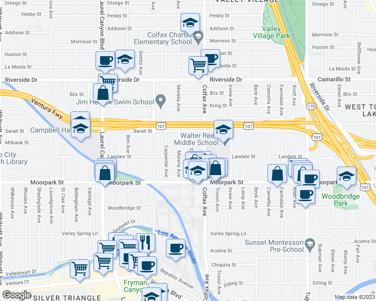map of restaurants, bars, coffee shops, grocery stores, and more near 4457 Simpson Avenue in Los Angeles