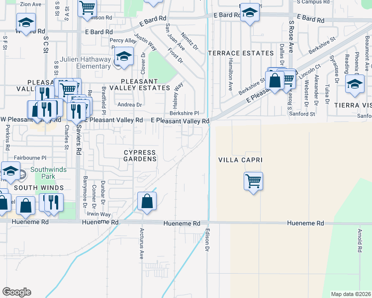 map of restaurants, bars, coffee shops, grocery stores, and more near 5269 Squires Drive in Oxnard