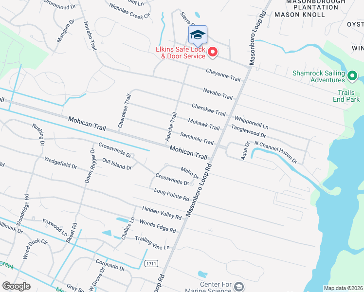 map of restaurants, bars, coffee shops, grocery stores, and more near 133 Mohican Trail in Wilmington