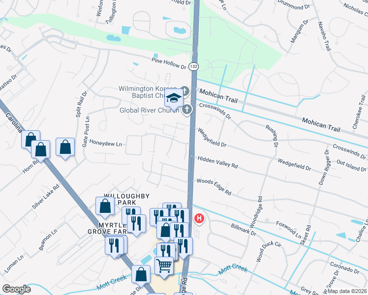 map of restaurants, bars, coffee shops, grocery stores, and more near 4668 Still Meadow Drive in Wilmington