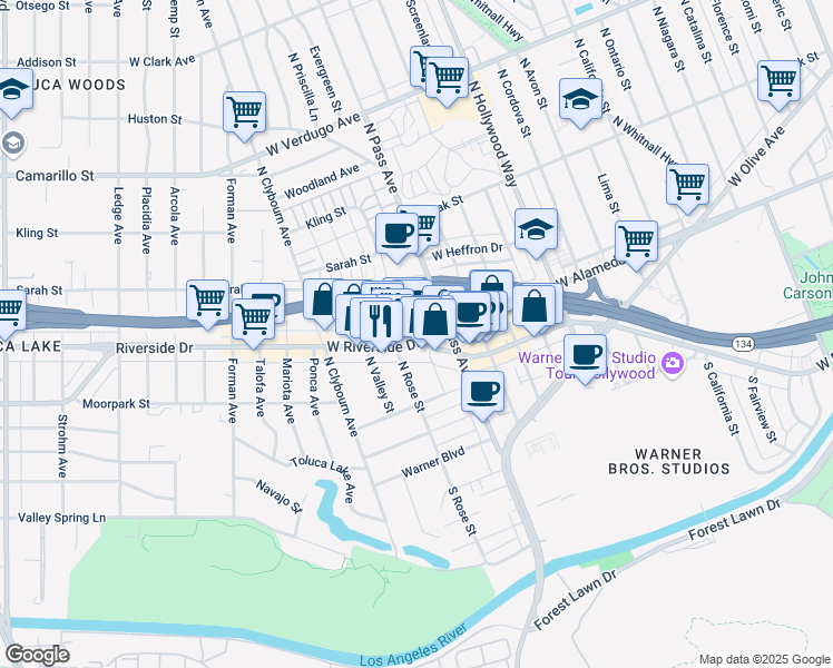 map of restaurants, bars, coffee shops, grocery stores, and more near 4200 West Riverside Drive in Burbank