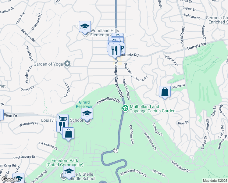 map of restaurants, bars, coffee shops, grocery stores, and more near 22020 Alizondo Drive in Los Angeles