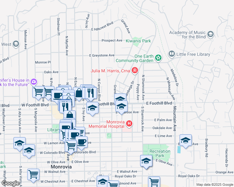 map of restaurants, bars, coffee shops, grocery stores, and more near 136 Grand Avenue in Monrovia