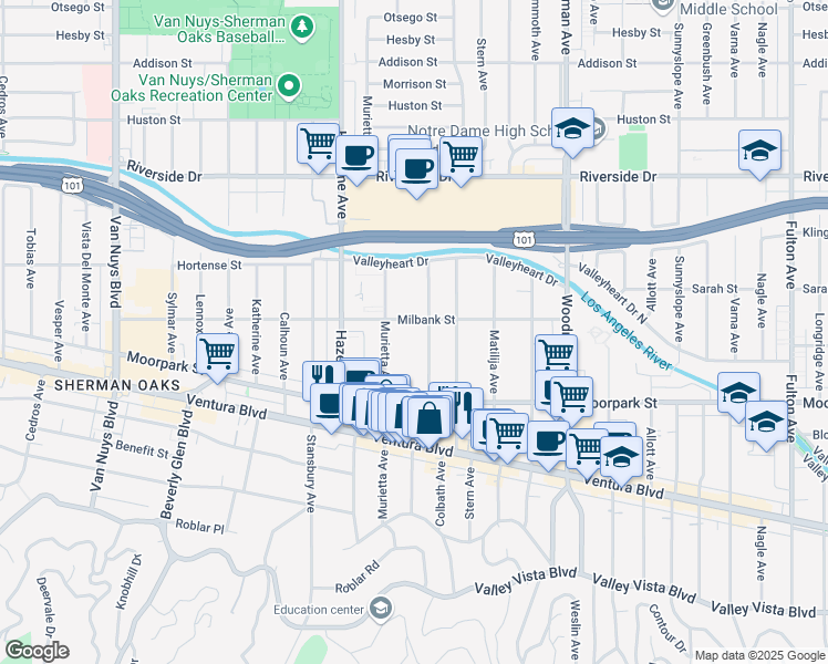 map of restaurants, bars, coffee shops, grocery stores, and more near 4487 Colbath Avenue in Los Angeles
