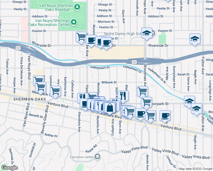 map of restaurants, bars, coffee shops, grocery stores, and more near 4487 Colbath Avenue in Los Angeles