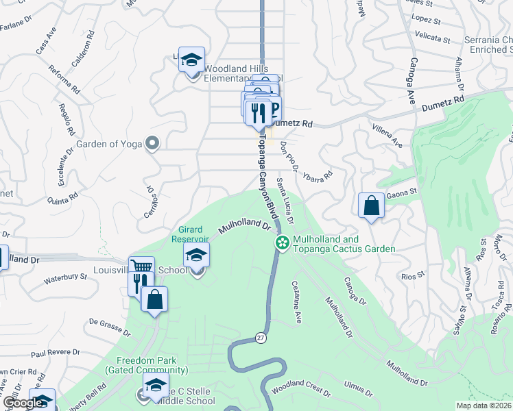 map of restaurants, bars, coffee shops, grocery stores, and more near 22020 Alizondo Drive in Los Angeles
