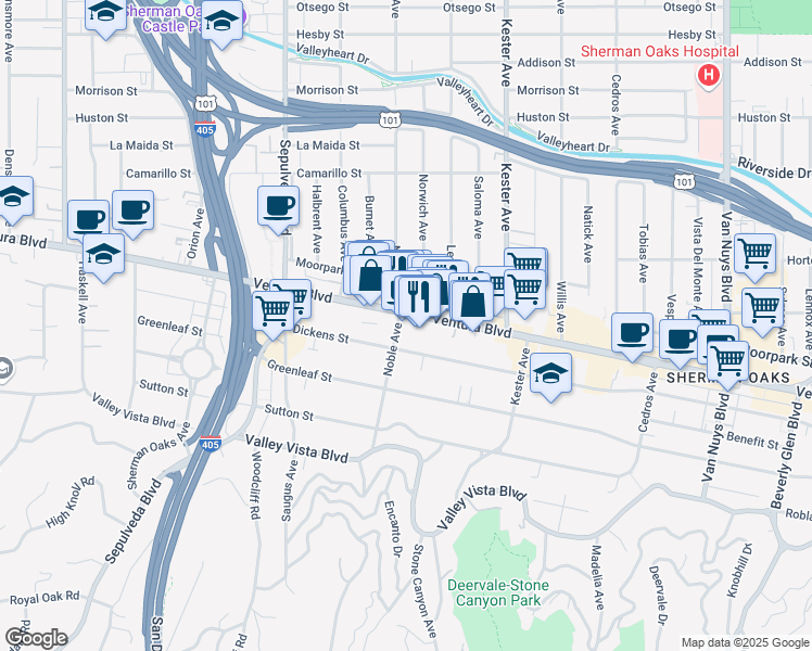 map of restaurants, bars, coffee shops, grocery stores, and more near 15039 Dickens Street in Los Angeles