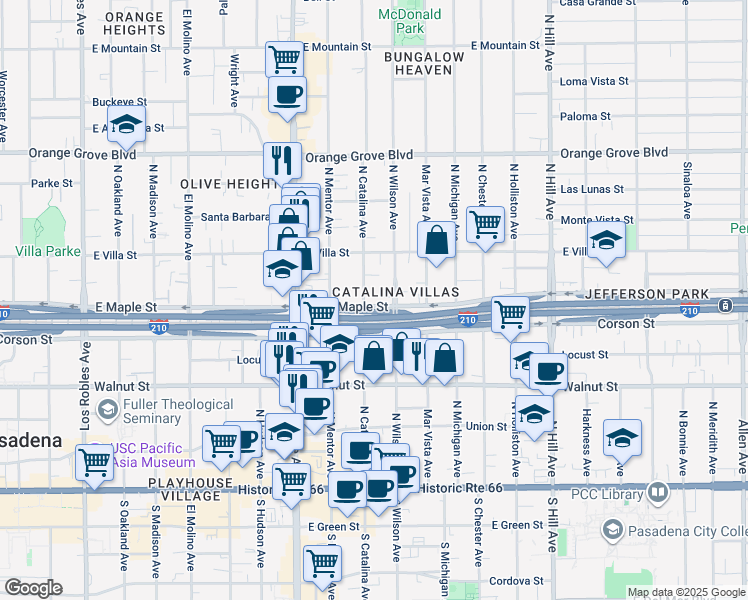 map of restaurants, bars, coffee shops, grocery stores, and more near 1001 East Maple Street in Pasadena