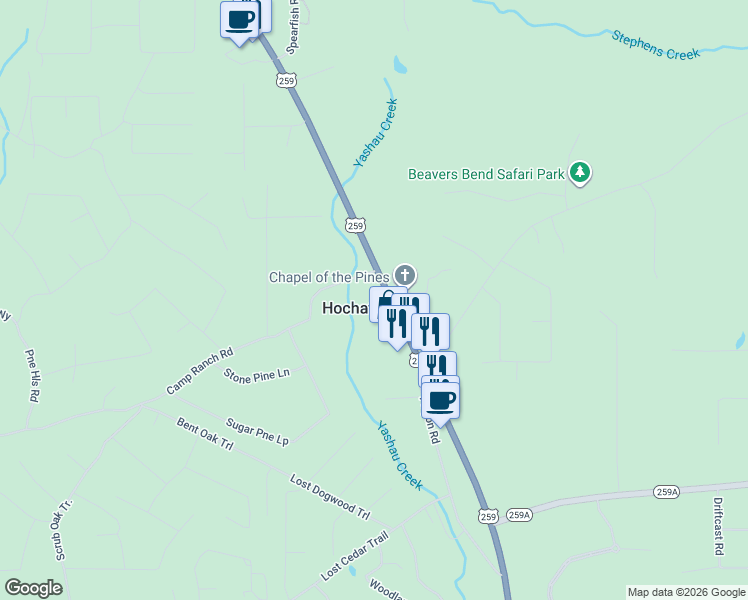 map of restaurants, bars, coffee shops, grocery stores, and more near 9301 North US Highway 259 in Broken Bow