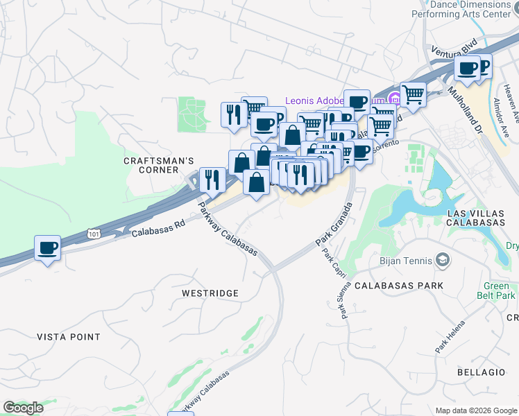 map of restaurants, bars, coffee shops, grocery stores, and more near 23975 Park Sorrento in Calabasas