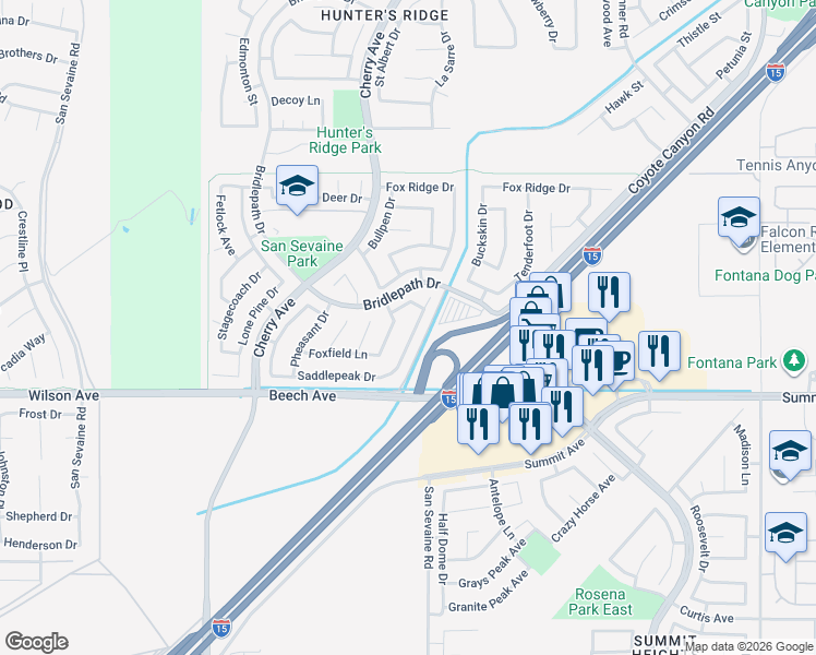 map of restaurants, bars, coffee shops, grocery stores, and more near 5586 Grand Prix Court in Fontana