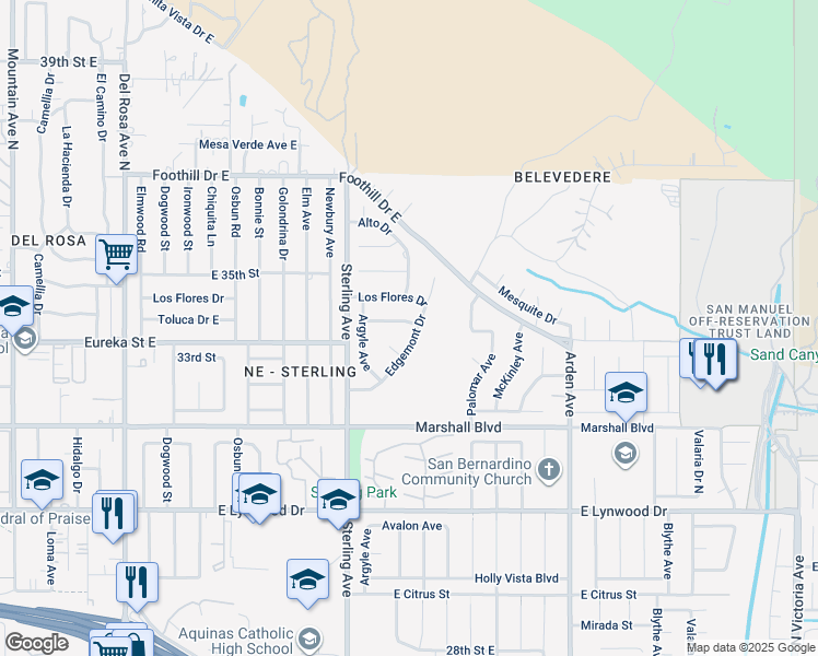 map of restaurants, bars, coffee shops, grocery stores, and more near 25833 Toluca Drive in San Bernardino