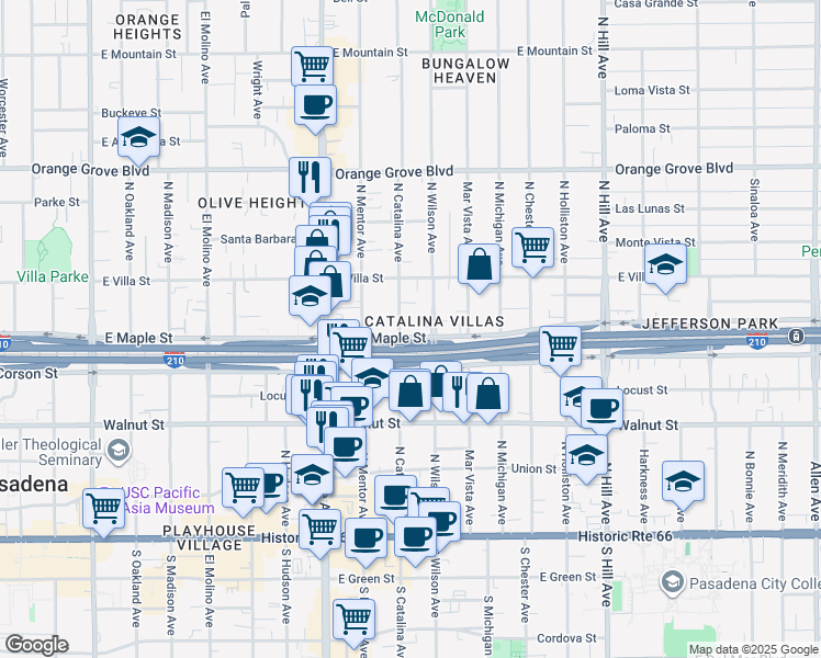 map of restaurants, bars, coffee shops, grocery stores, and more near 380 North Catalina Avenue in Pasadena