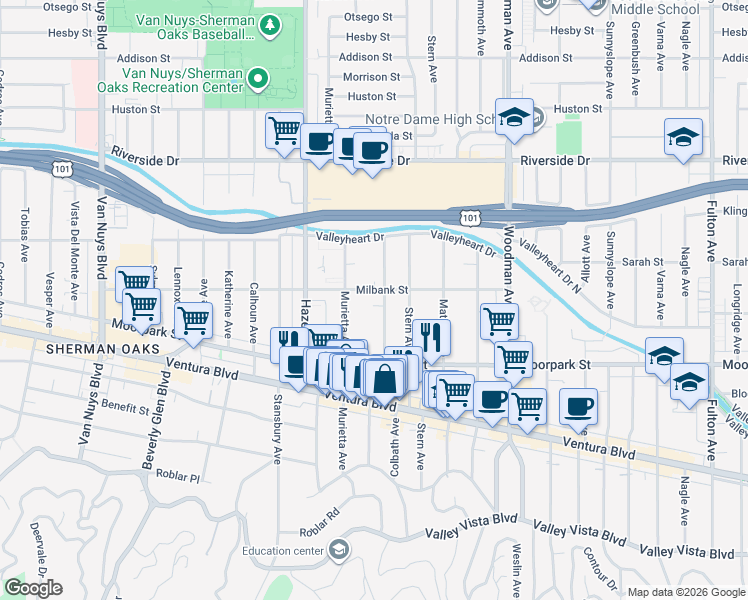 map of restaurants, bars, coffee shops, grocery stores, and more near 4487 Colbath Avenue in Los Angeles