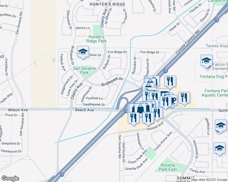 map of restaurants, bars, coffee shops, grocery stores, and more near 5586 Grand Prix Court in Fontana