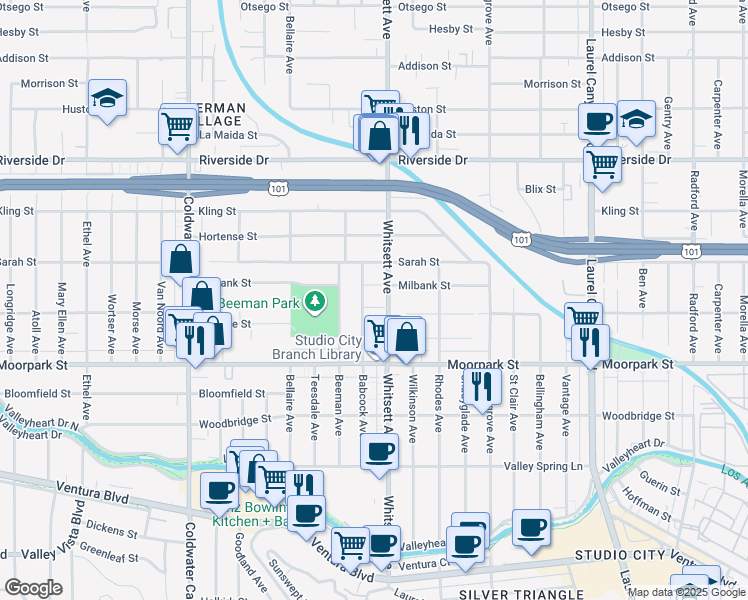map of restaurants, bars, coffee shops, grocery stores, and more near 12502 Landale Street in Los Angeles