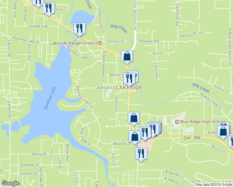 map of restaurants, bars, coffee shops, grocery stores, and more near 1352 Church Lane in Pinetop-Lakeside