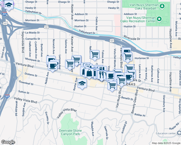 map of restaurants, bars, coffee shops, grocery stores, and more near 14735 Ventura Boulevard in Los Angeles