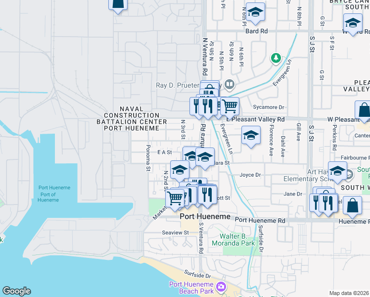 map of restaurants, bars, coffee shops, grocery stores, and more near 535 Starboard Lane in Port Hueneme