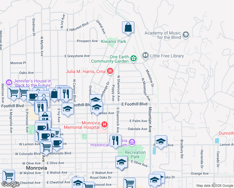 map of restaurants, bars, coffee shops, grocery stores, and more near 135 North Shamrock Avenue in Monrovia