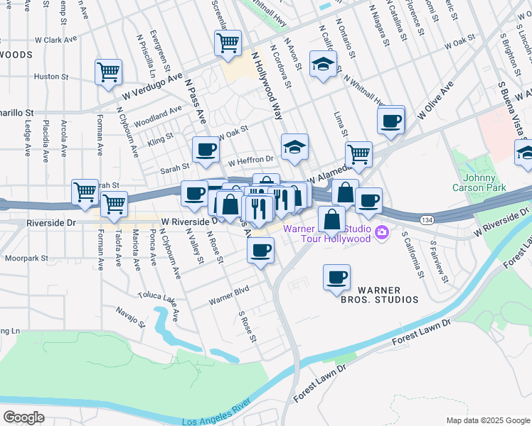 map of restaurants, bars, coffee shops, grocery stores, and more near 3900 West Alameda Avenue in Burbank