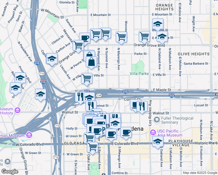 map of restaurants, bars, coffee shops, grocery stores, and more near 396 North Summit Avenue in Pasadena