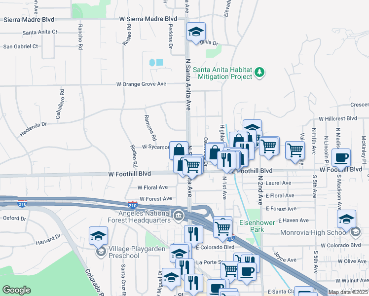 map of restaurants, bars, coffee shops, grocery stores, and more near 14 West Sycamore Avenue in Arcadia