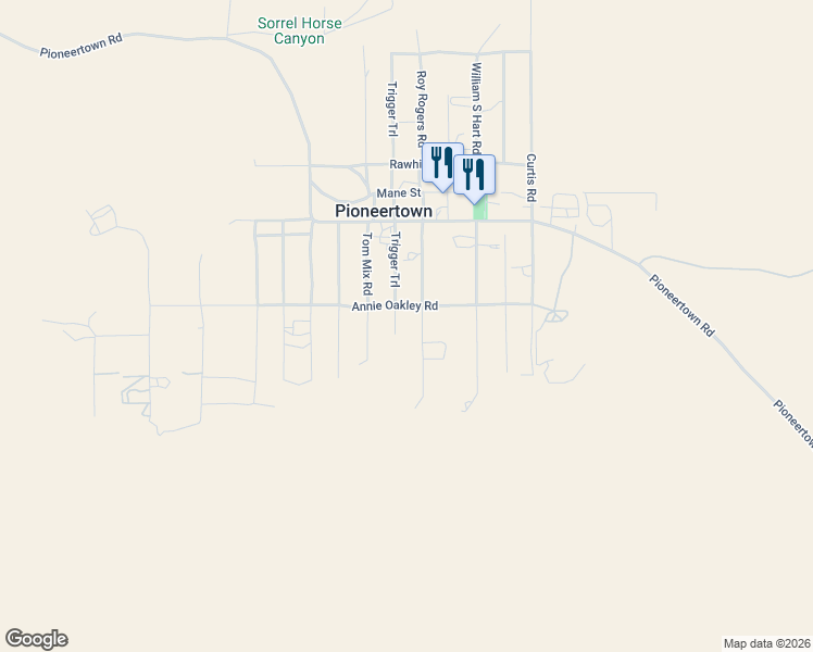 map of restaurants, bars, coffee shops, grocery stores, and more near 5544 Roy Rogers Road in Pioneertown