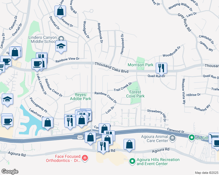 map of restaurants, bars, coffee shops, grocery stores, and more near 5530 Alfredo Court in Agoura Hills