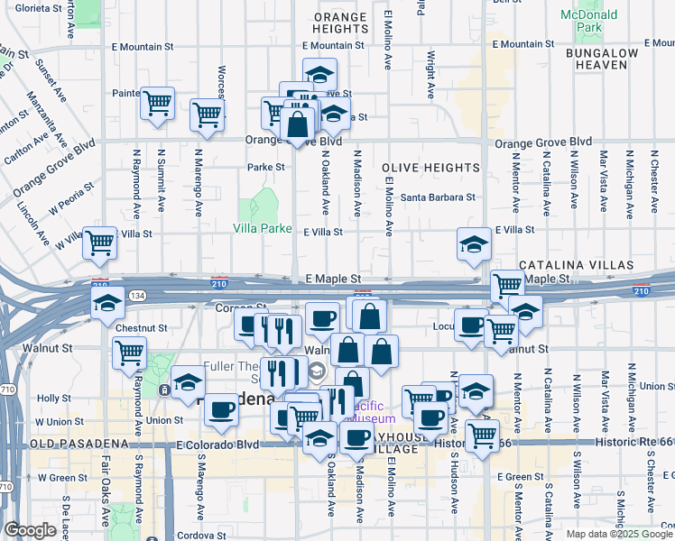 map of restaurants, bars, coffee shops, grocery stores, and more near 400 North Oakland Avenue in Pasadena