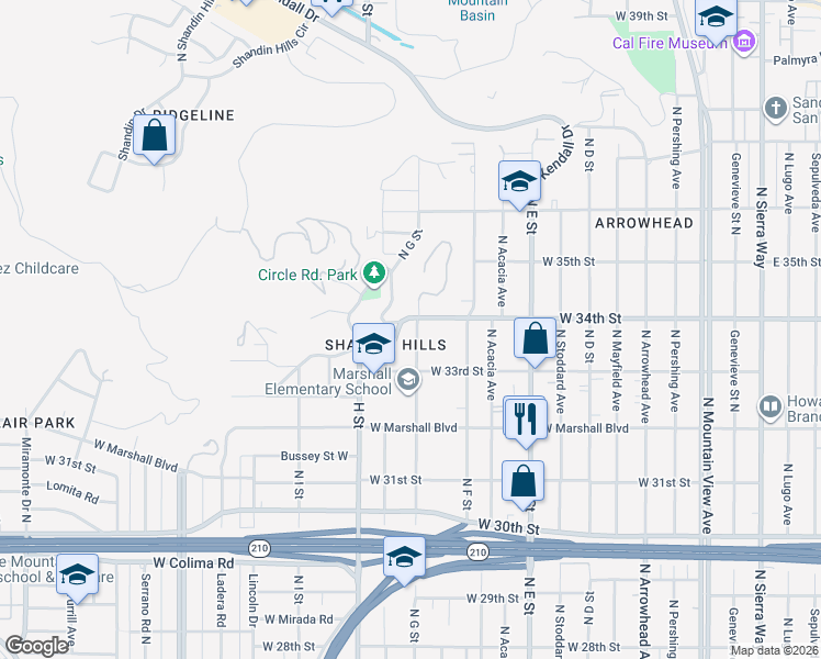 map of restaurants, bars, coffee shops, grocery stores, and more near 3376 North G Street in San Bernardino