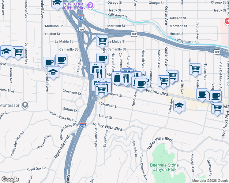 map of restaurants, bars, coffee shops, grocery stores, and more near Sherman Oaks Dickens St in Sherman Oaks