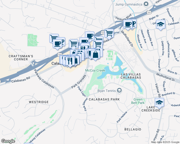 map of restaurants, bars, coffee shops, grocery stores, and more near 4724 Park Granada in Calabasas