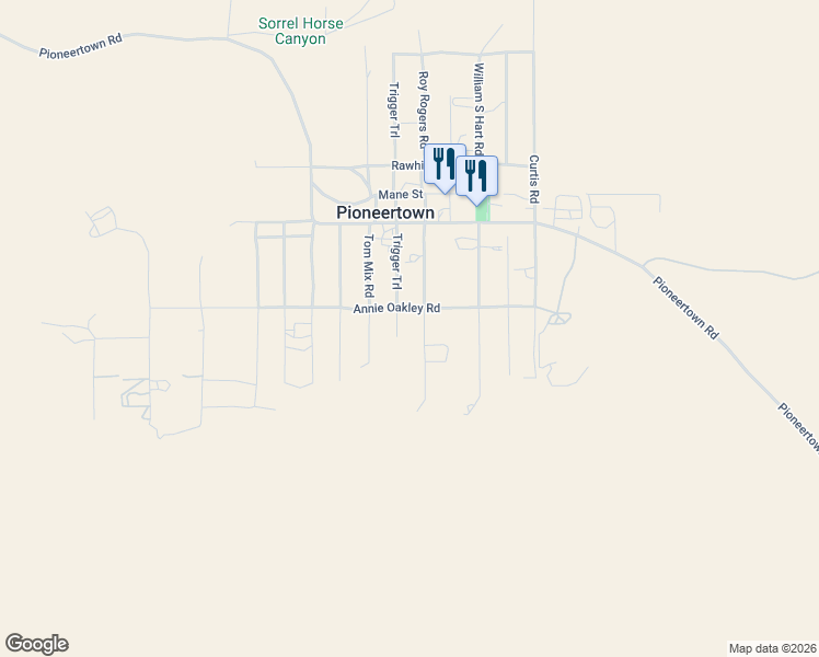 map of restaurants, bars, coffee shops, grocery stores, and more near 5544 Roy Rogers Road in Pioneertown