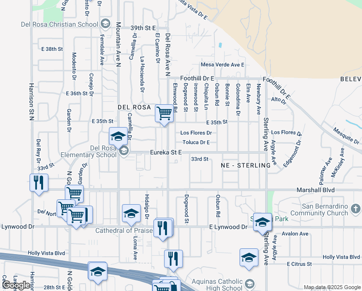 map of restaurants, bars, coffee shops, grocery stores, and more near 1619 Eureka Street East in San Bernardino