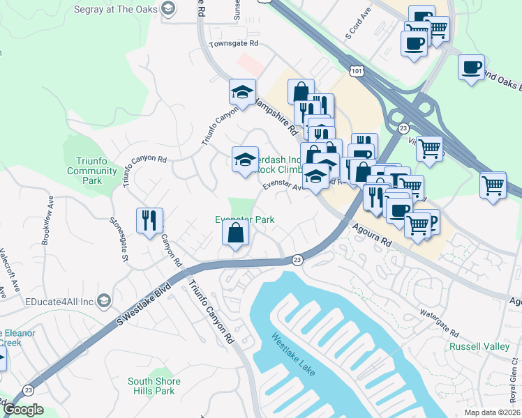 map of restaurants, bars, coffee shops, grocery stores, and more near 2355 Stormcroft Court in Westlake Village