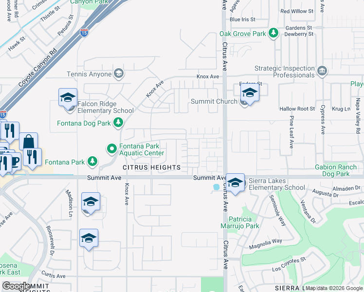 map of restaurants, bars, coffee shops, grocery stores, and more near 5584 Kate Way in Fontana